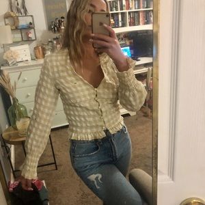 Yellow and white gingham button down blouse
